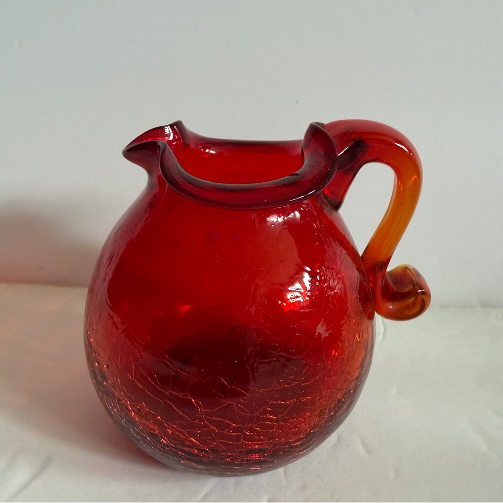 Vintage Red Art Glass Pitcher with Swirl Handle
